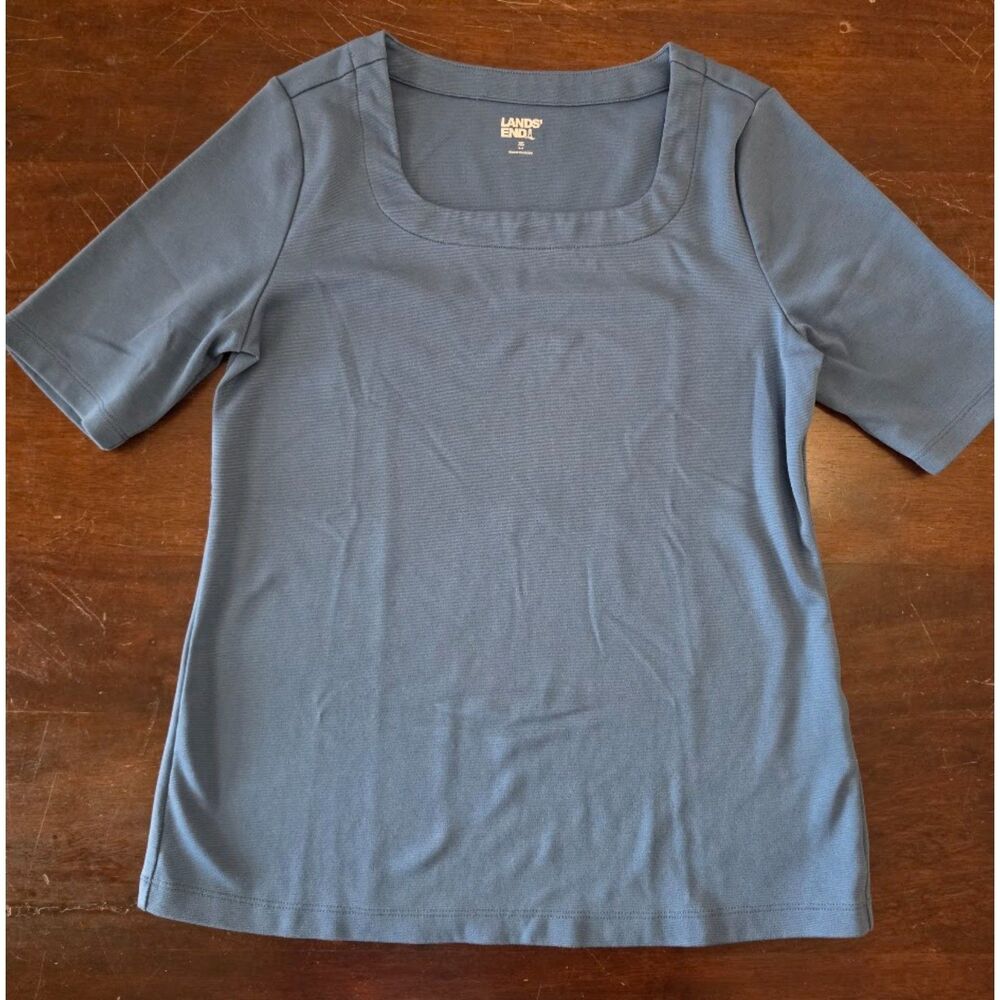 Blue Lands' End elbow-sleeve square-neck top in a stretch ponté knit fabric XS